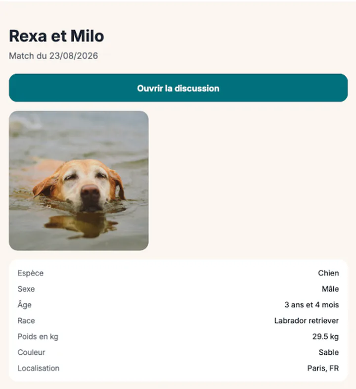 Ein CATDOG-Match-Bildschirm mit beiden Tieren, dem Datum und der Merkmalstabelle des anderen Tiers.