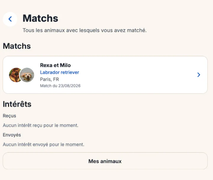 Der CATDOG-Bildschirm der Matches, mit einem Match zwischen zwei Tieren und den erhaltenen und gesendeten Interessensbekundungen.