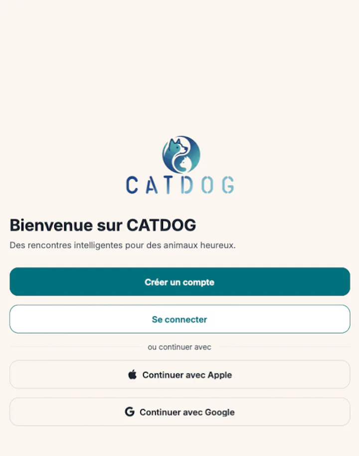 Der Willkommensbildschirm von CATDOG mit dem Logo und den Optionen, ein Konto anzulegen oder sich anzumelden.